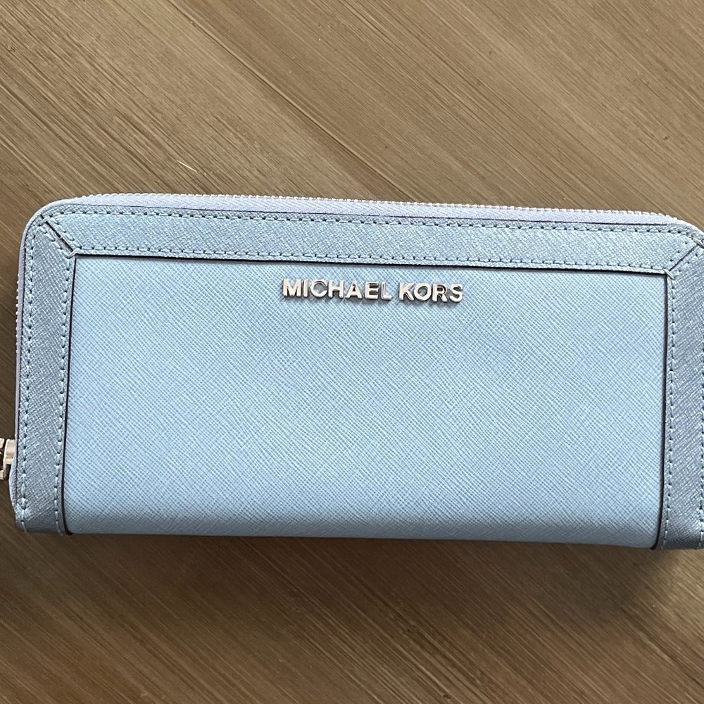 Michael Kors baby slate blue Continental Leather Wallet, msrp$148